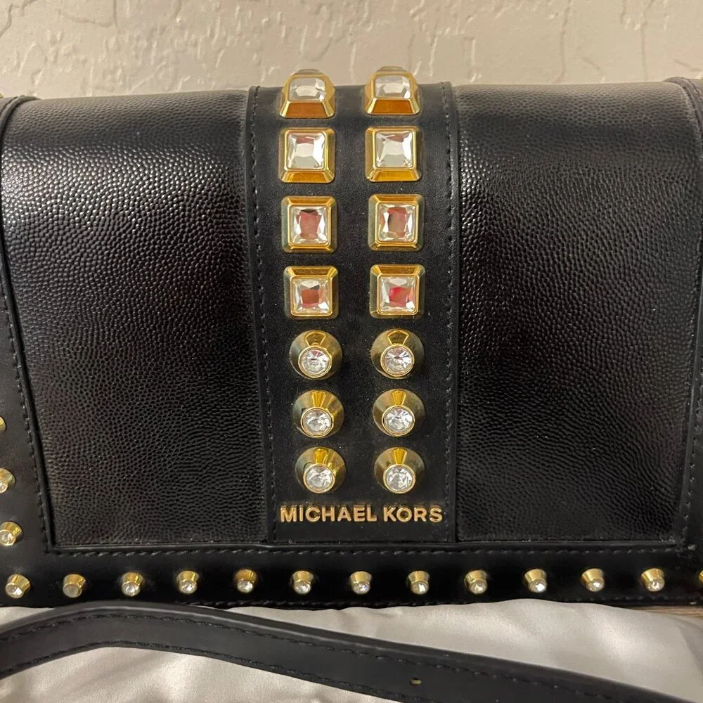 New Michael Kors Crossbody Bag Black Gold Rhinestone Crystal Studs Chain Flap MK